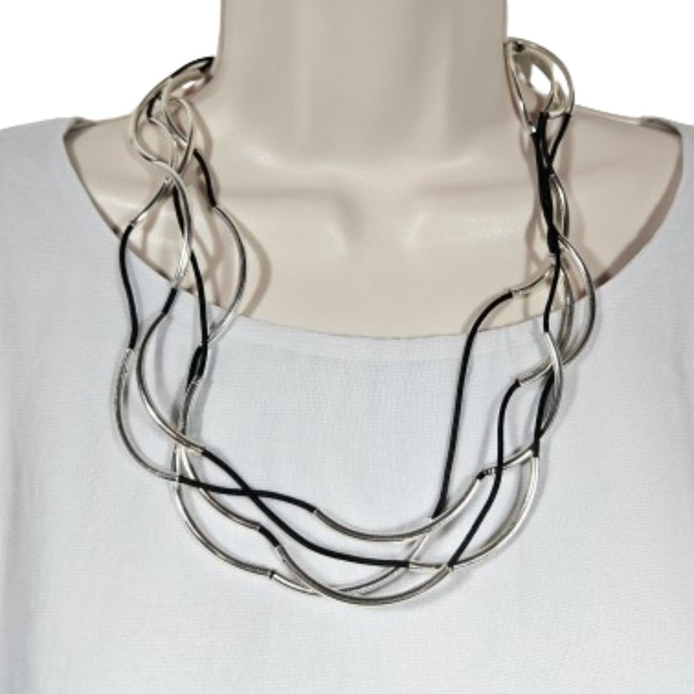 Lizzy James Silver Tone and Black Leather Necklace Converts to Bracelet
